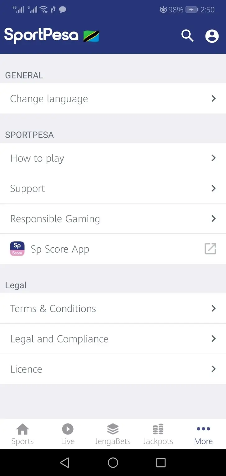 Screenshot of SportPesa App